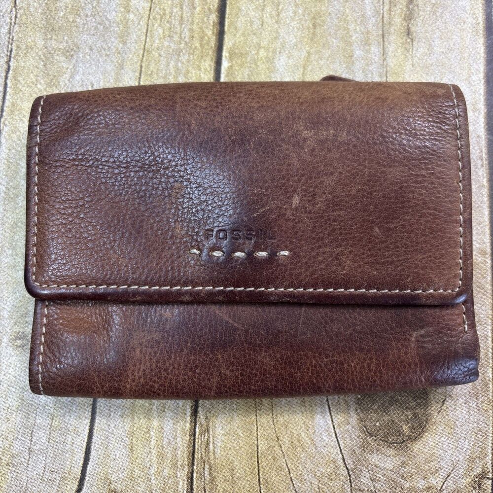 Vintage Fossil Trifold Leather Wallet Brown Organizer Coin Card Holder